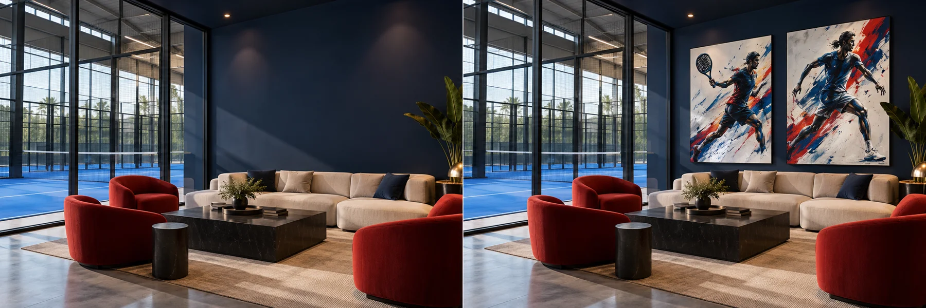 Club deportivo con arte de movimiento y disciplina, espacio antes de incorporar las obras, visualización conceptual