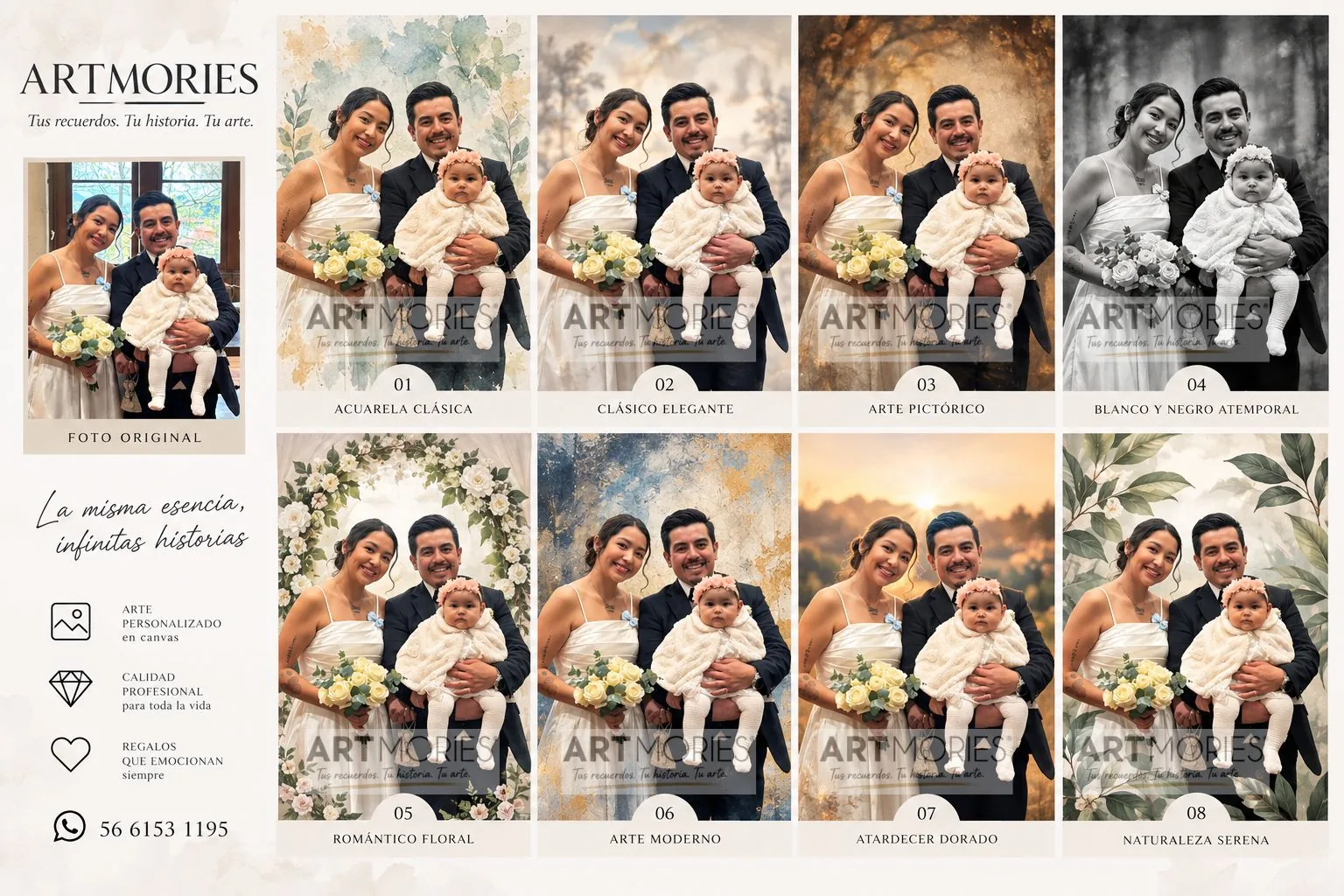 Propuesta ARTMORIES para una familia en una celebración, con ocho tratamientos artísticos personalizados