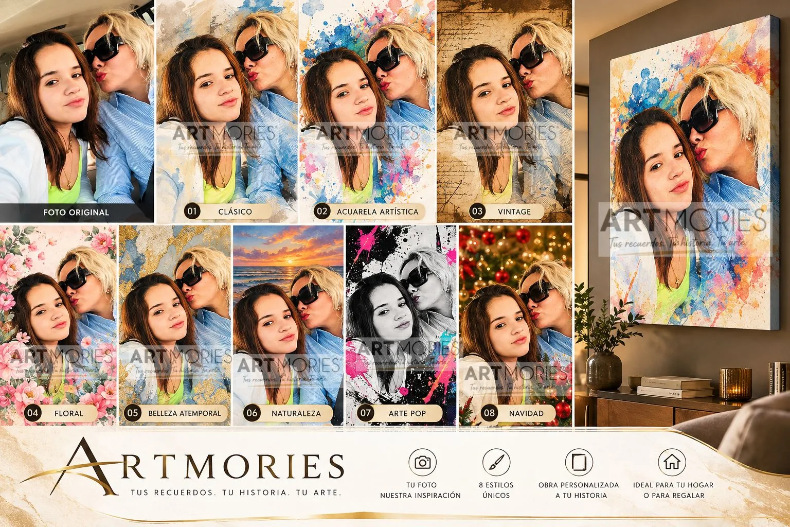 Propuesta ARTMORIES para una fotografía de madre e hija, con ocho interpretaciones artísticas y visualización en ambiente