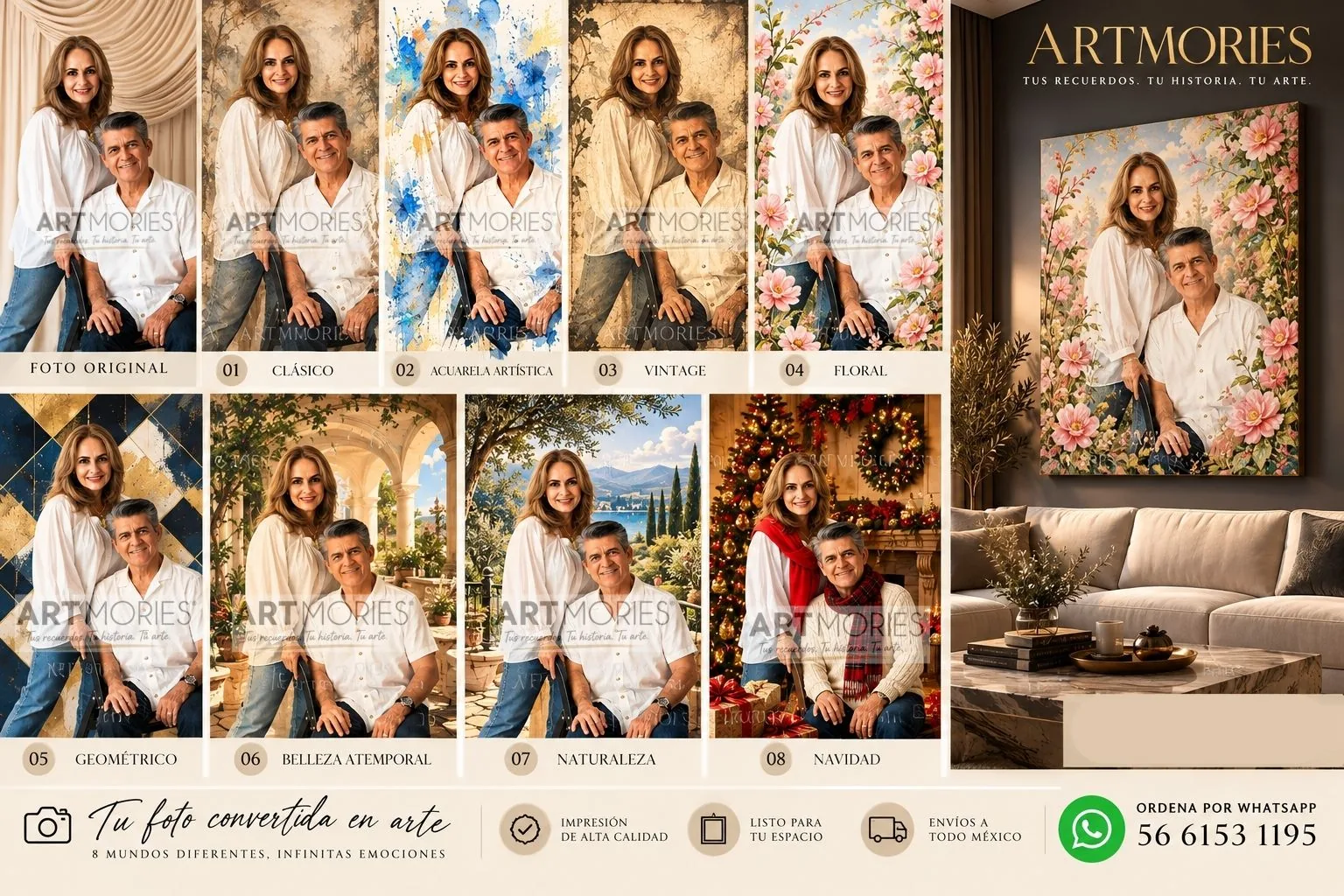 Propuesta ARTMORIES para una pareja, con ocho mundos visuales y visualización en una sala