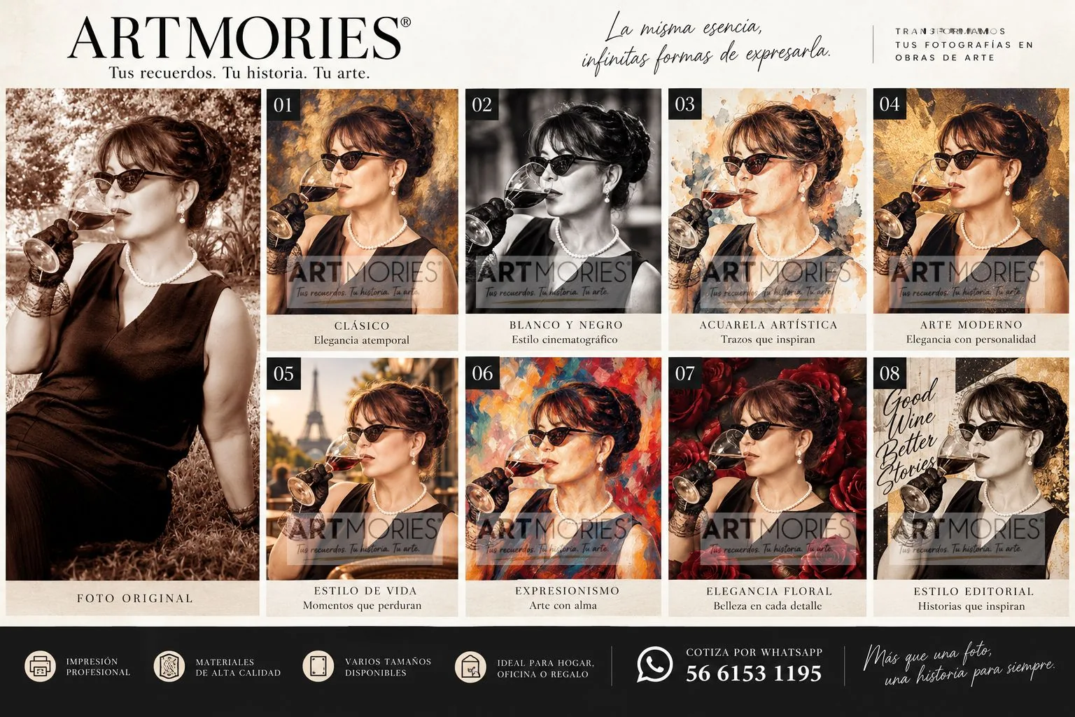 Propuesta ARTMORIES de retrato editorial femenino, con ocho interpretaciones visuales