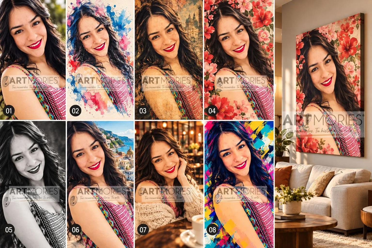 Propuesta ARTMORIES para un retrato femenino, con ocho tratamientos visuales y visualización en ambiente