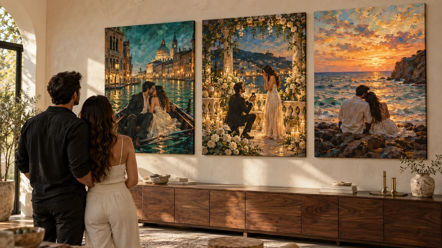 Visualización en ambiente: pareja vestida casual admirando tres obras de sus recuerdos en canvas sobre bastidor en su hogar