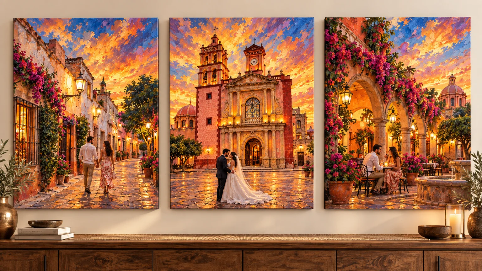 Visualización en ambiente: tríptico artístico inspirado en Tequisquiapan, con la misma pareja de novios en una calle colonial, su boda frente a la parroquia y un viaje romántico por la plaza